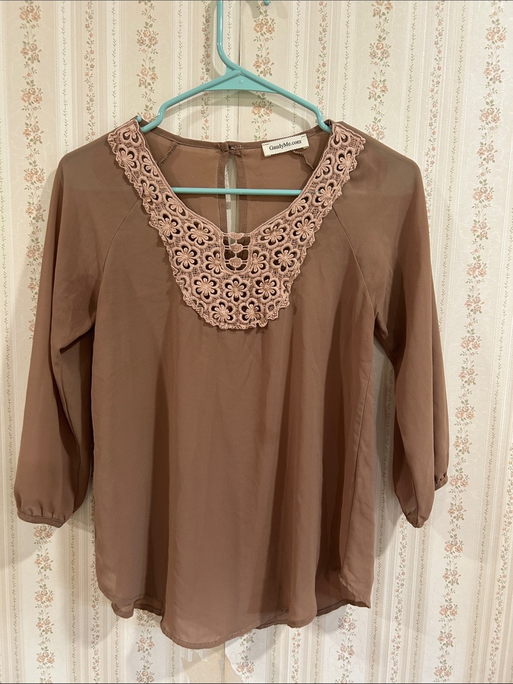 Brown Lace-Trim Peasant Blouse